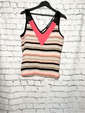 Striped V-Neck Tank Top with Coral Accent